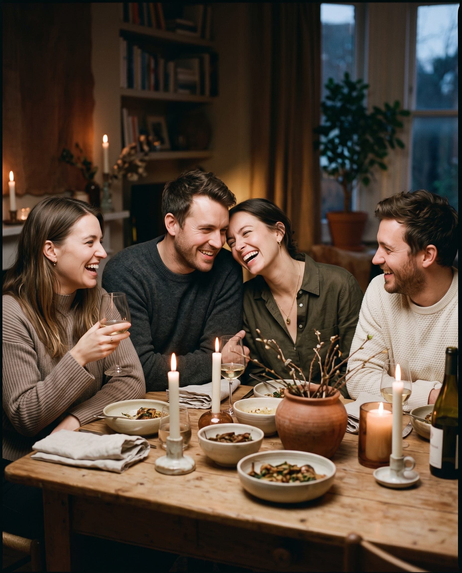 Friends gathered around a candlelit table, mid-conversation.