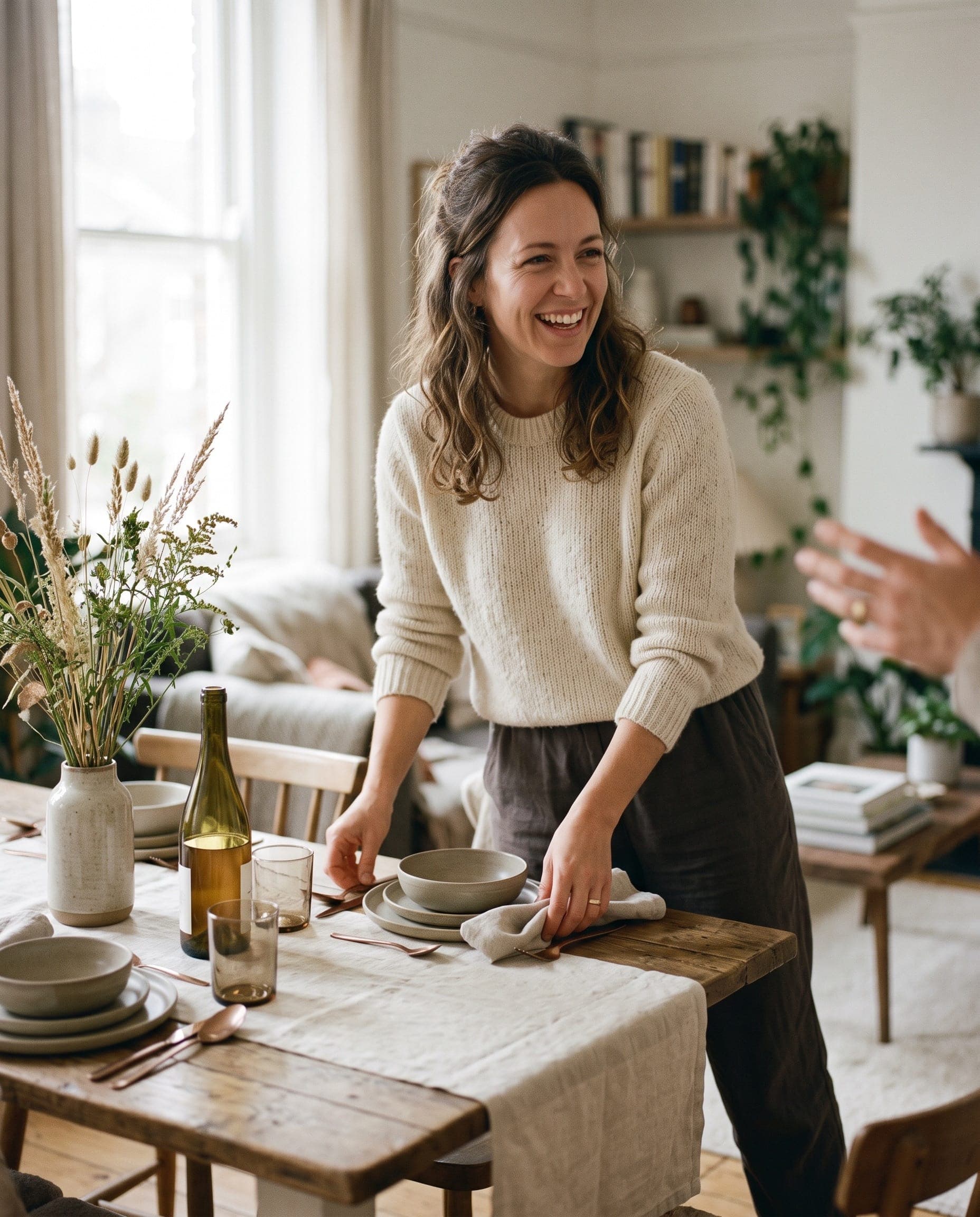 A warm, confident host setting a table for friends.