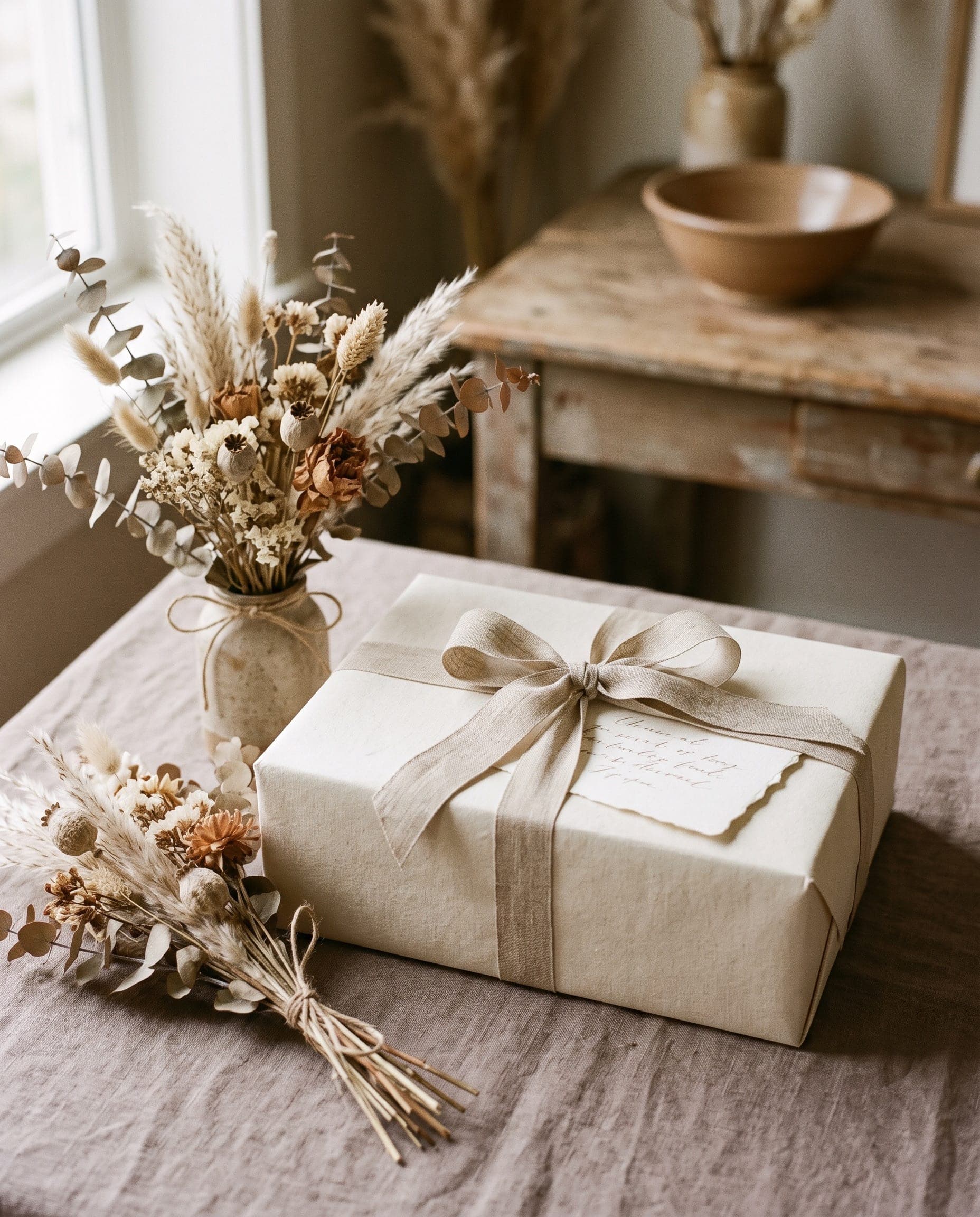 A Gathering Box wrapped as a gift with a handwritten card.