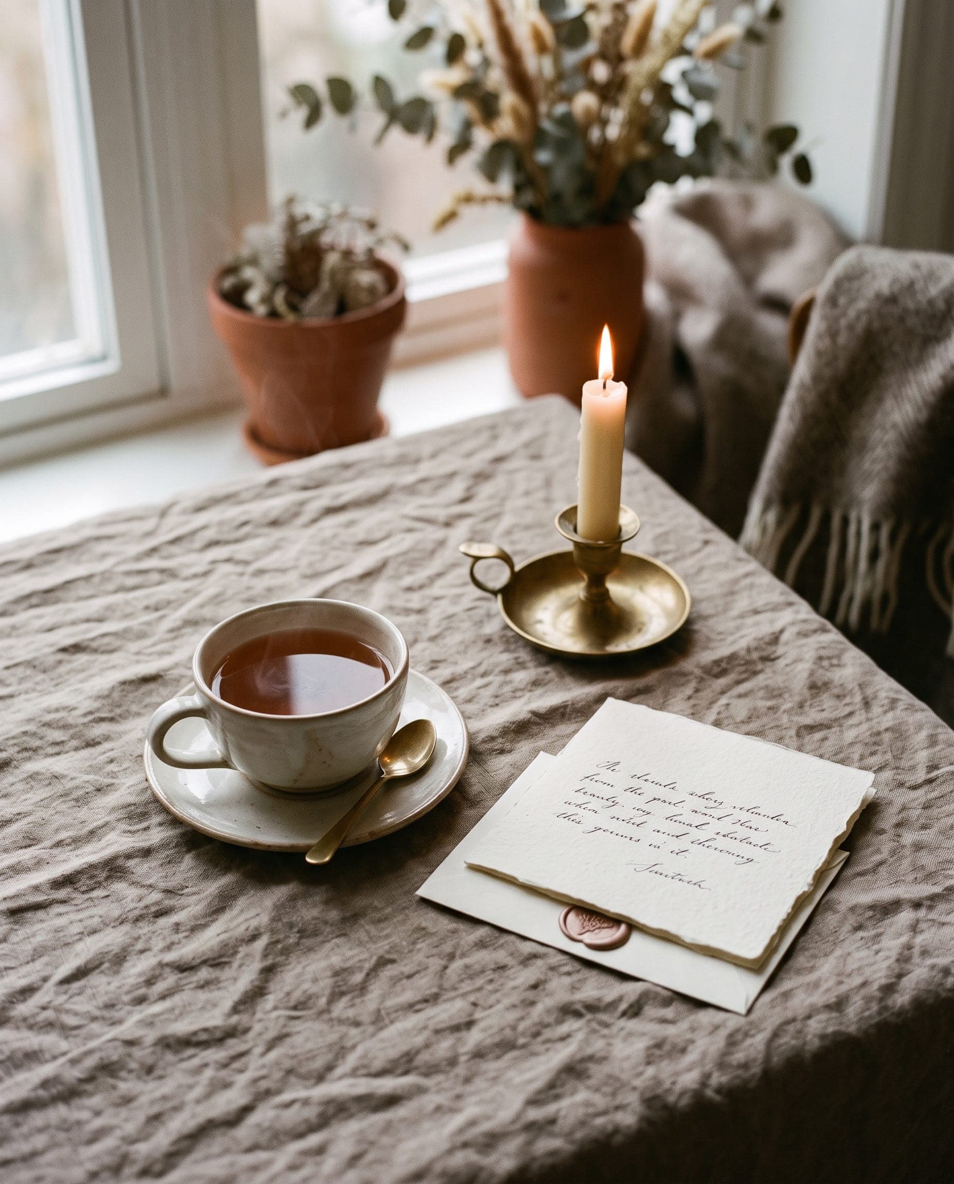 A cup of tea, a handwritten card, and a candle on a linen surface.