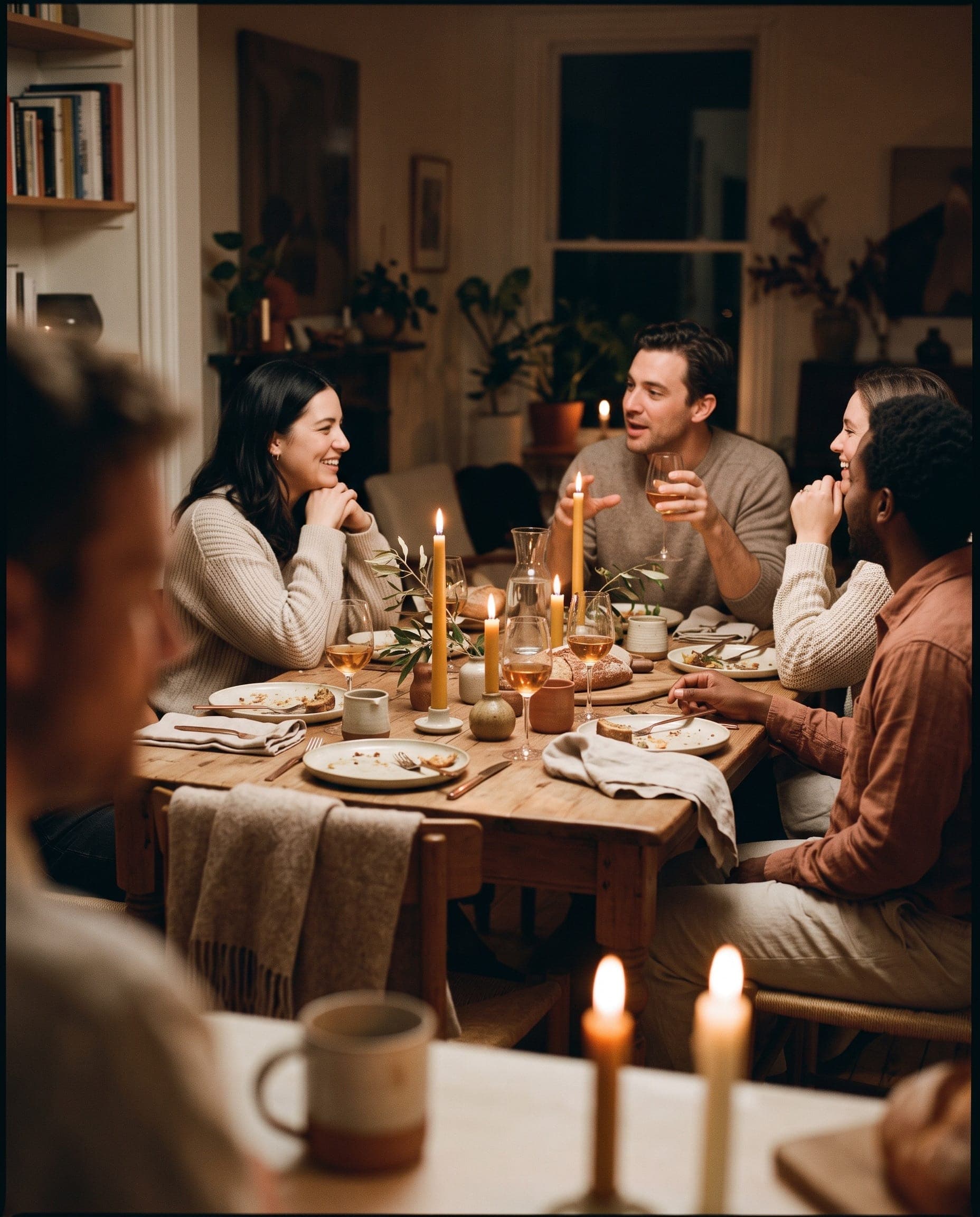 A candlelit evening gathering unfolding at home.