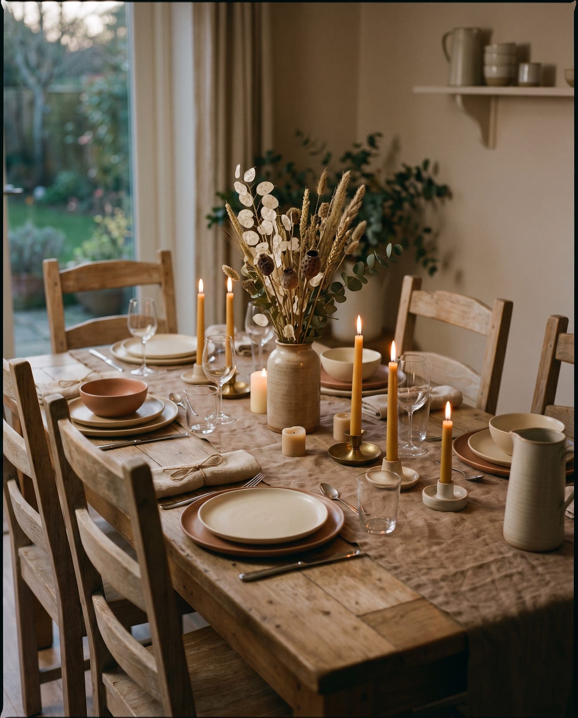 A softly lit table at home, set and waiting for guests to arrive.
