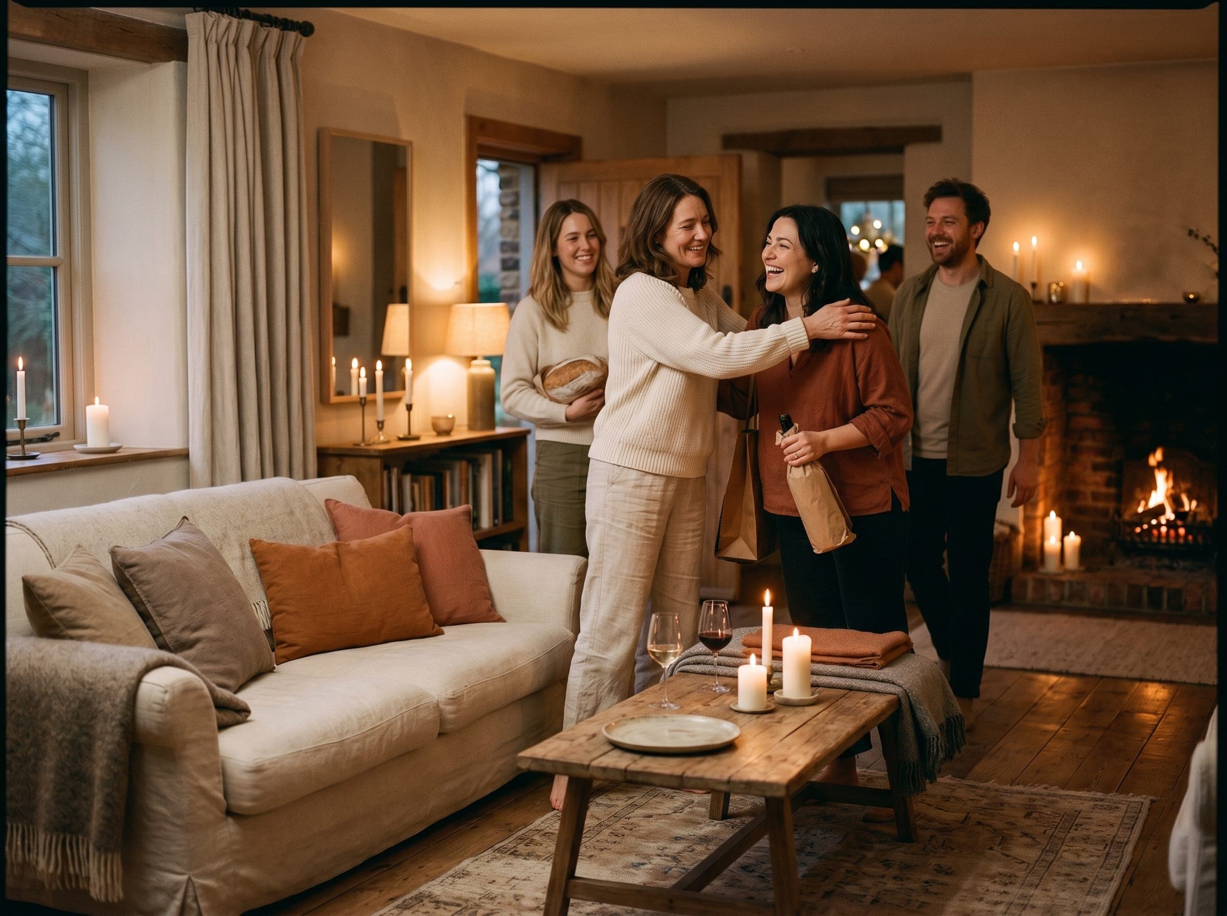 A host welcoming friends into a warm, candlelit room.