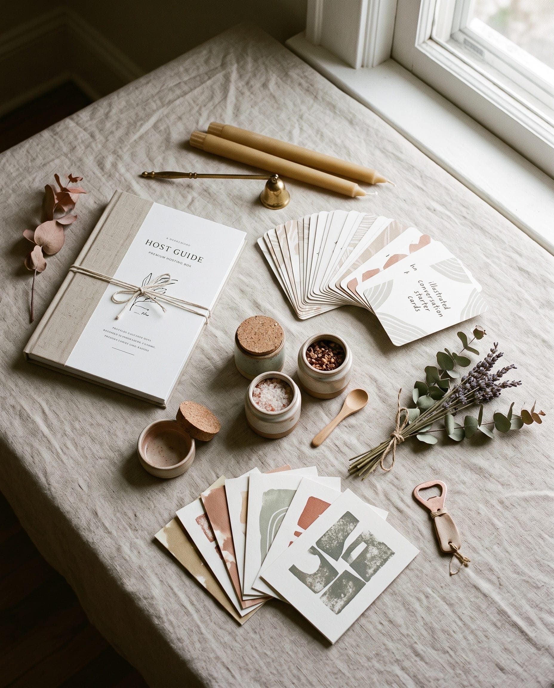 The contents of a Gathering Box laid out—cards, candles, and small-batch details.